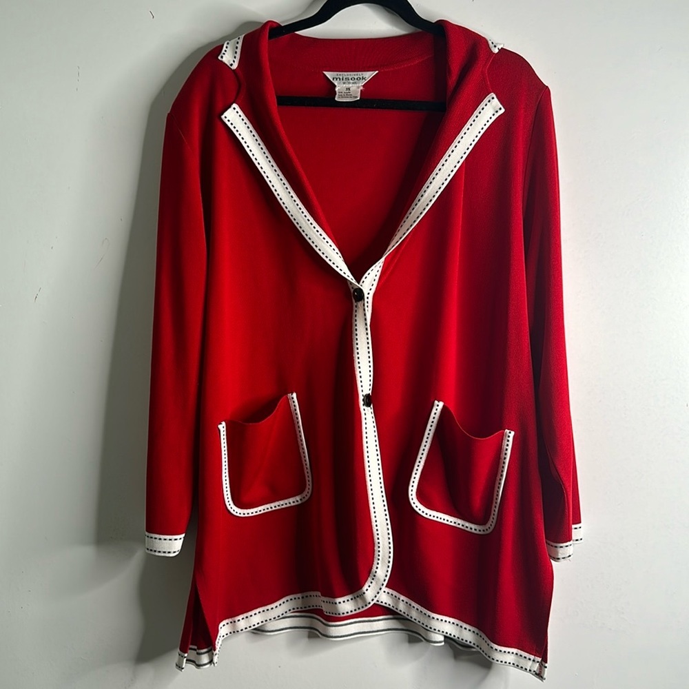 Misook Knit cardigan blazer contrast open front red white side slits size 3x